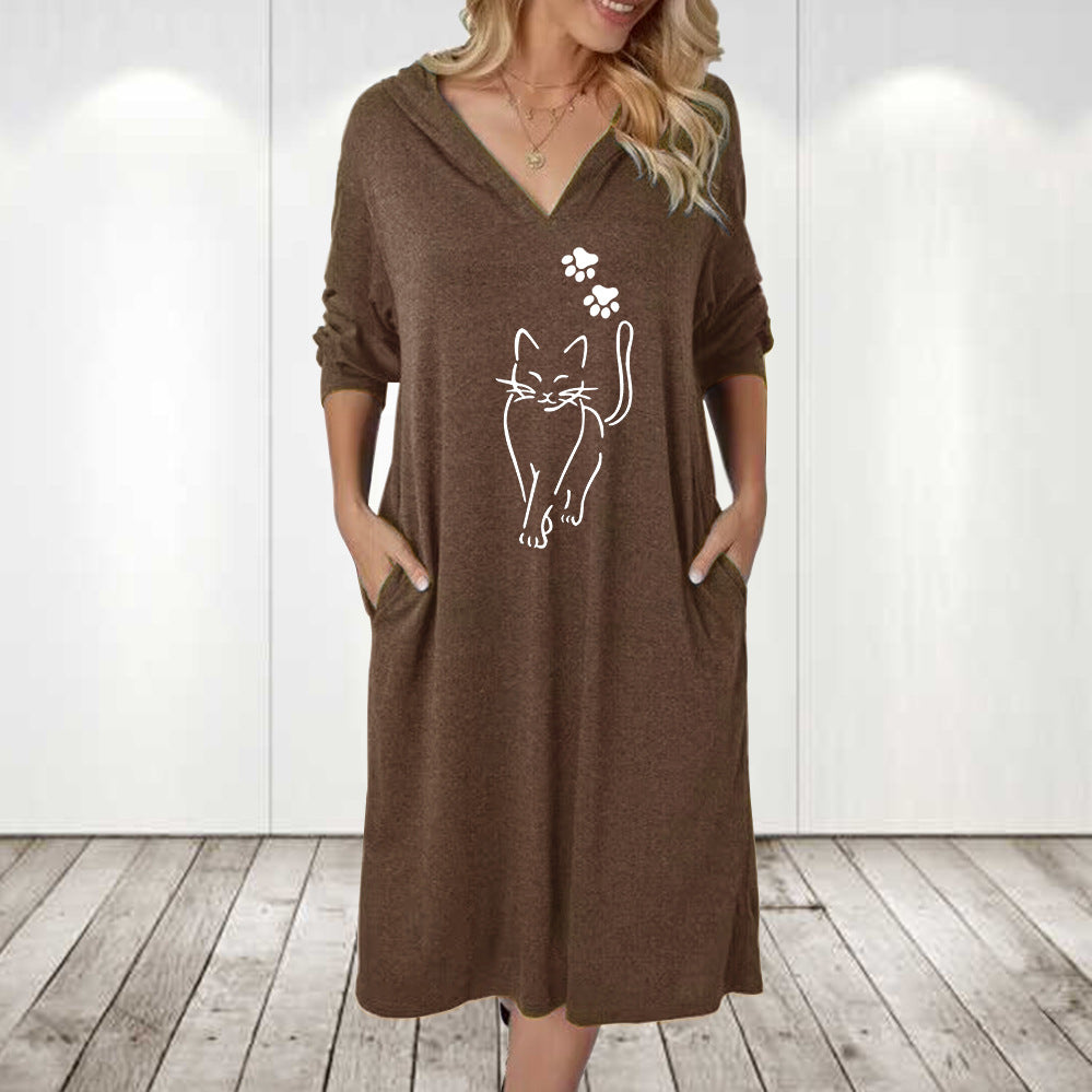 Robe à capuche pour femmes avec un mignon motif de chat et des poches pratiques Chic und Stil
