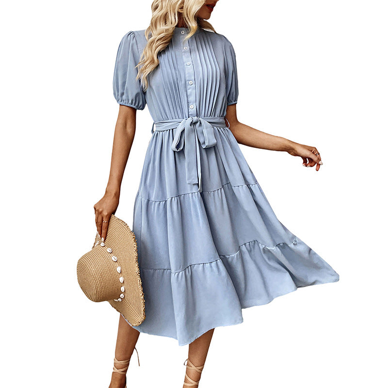 Femme Robe Midi Plissée avec Ceinture Taille Chic und Stil