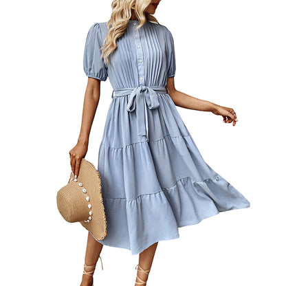 Femme Robe Midi Plissée avec Ceinture Taille Chic und Stil