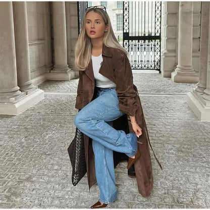 Dames Élégante Longue Veste en Daim Chic und Stil