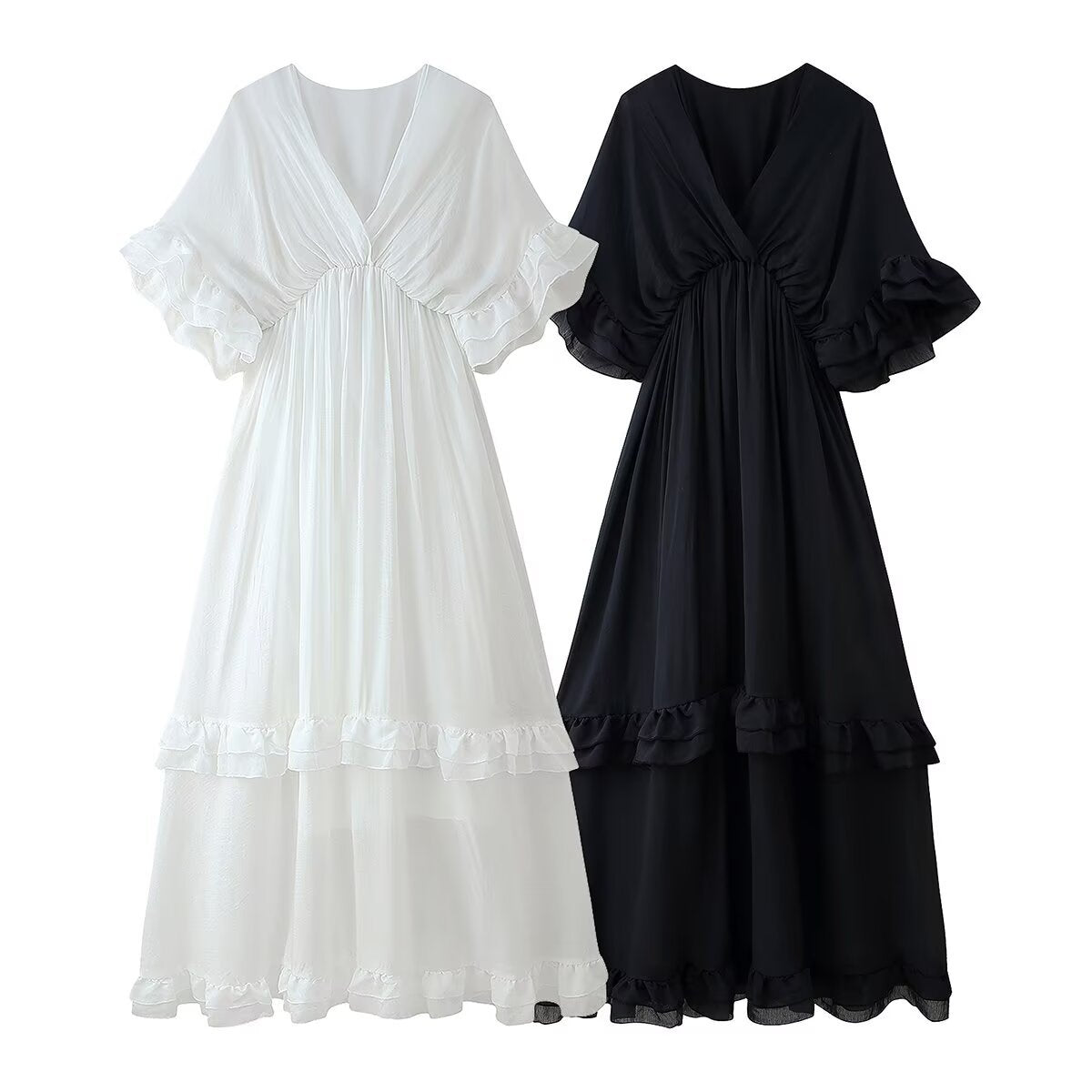 Robe maxi femme avec des détails voluminieux en volants et un élégant décolleté en V Chic und Stil