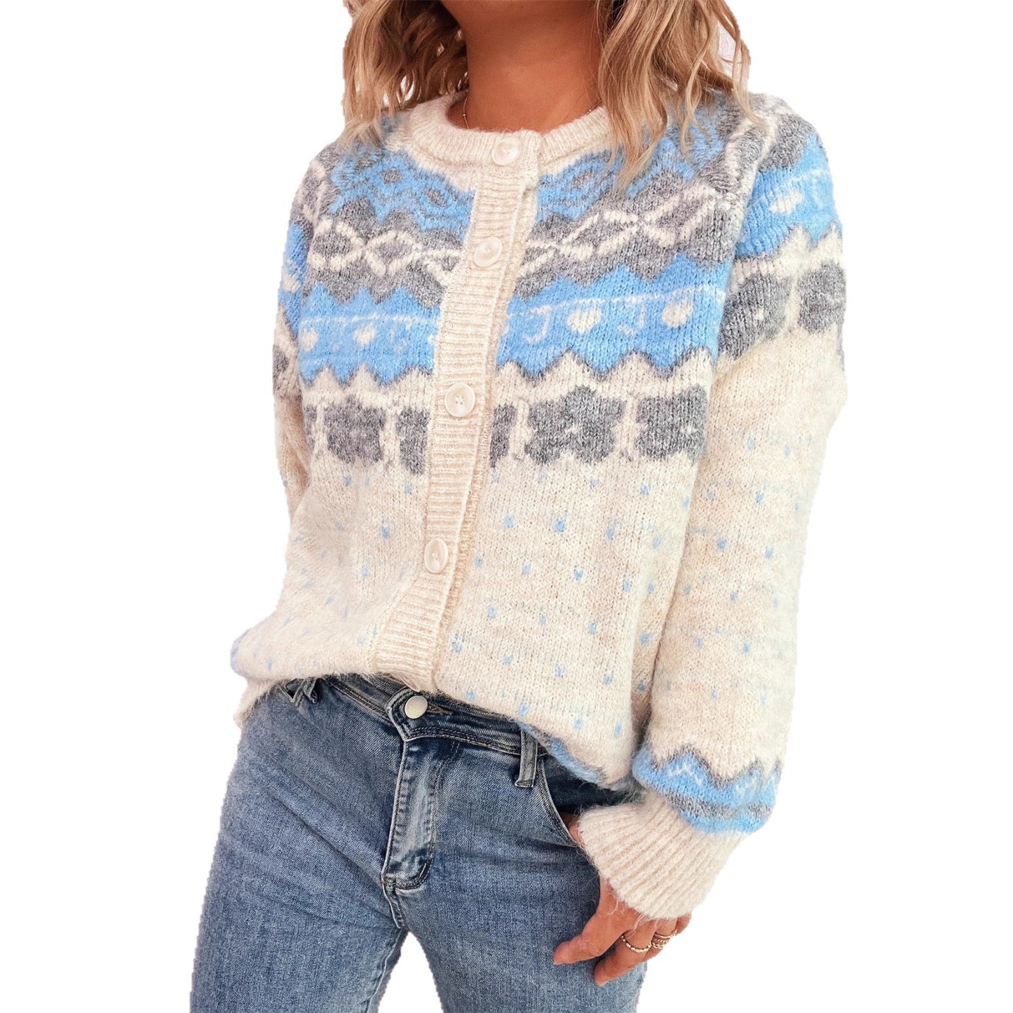 Dames cardigan confortable avec des motifs bleus et fermeture à boutons Chic und Stil