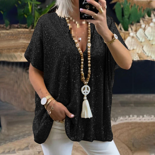 T-Shirt tunique paillettes glamour pour femmes avec décolleté en V Chic und Stil