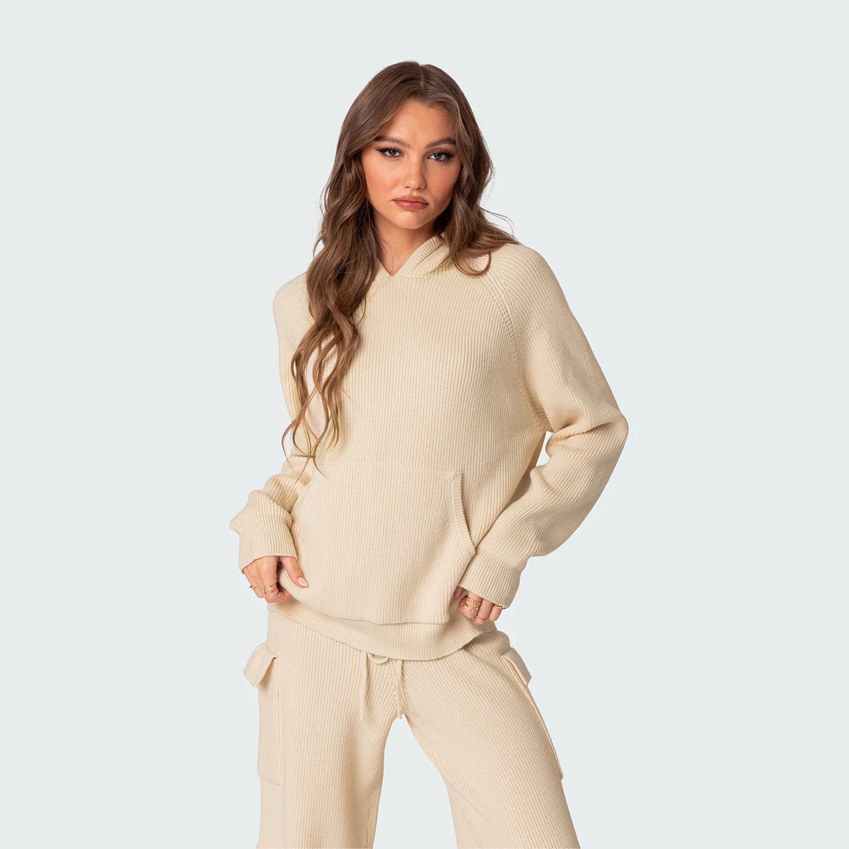 Ladies Relaxed-Fit Knit Pullover with Hood and Kangaroo Pocket Chic and Style