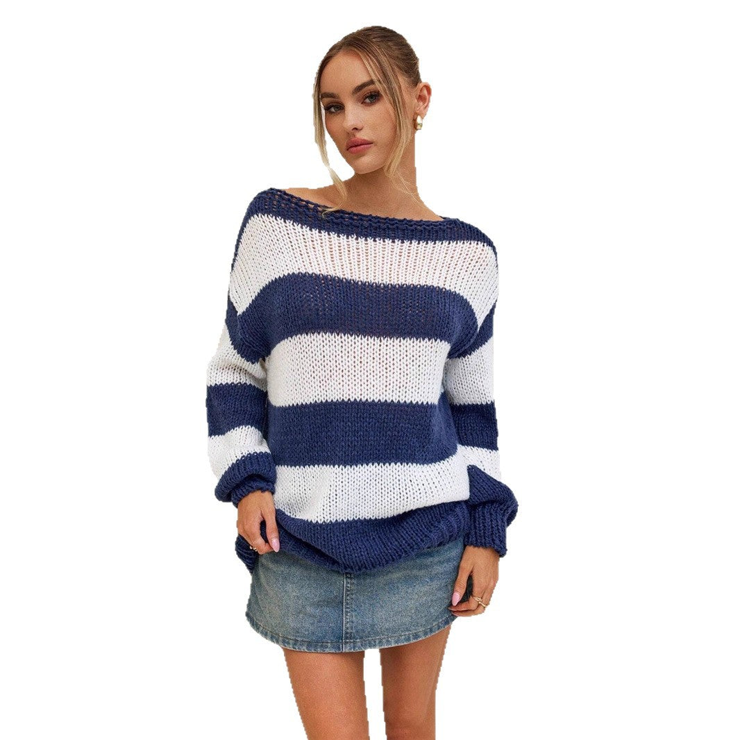 Dames Pull en Tricot Oversize avec Rayures Maritimes Chic und Stil
