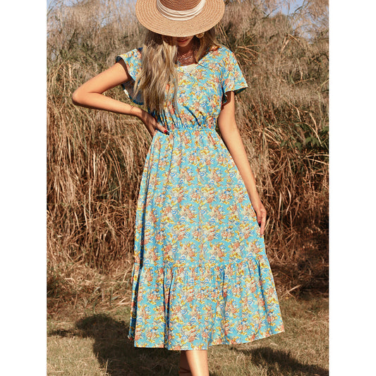 Robe maxi d'été pour femmes avec des motifs floraux et un insert élastique à la taille Chic und Stil
