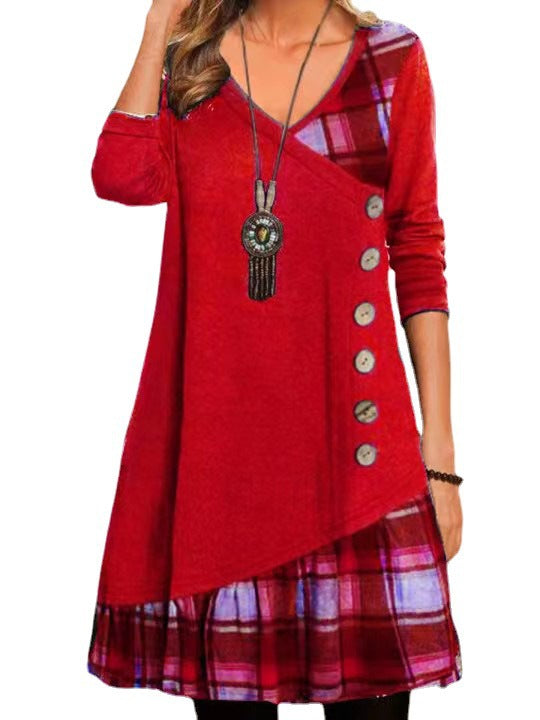 Robe décontractée asymétrique pour femmes avec ourlet à carreaux et détail de bouton Chic und Stil