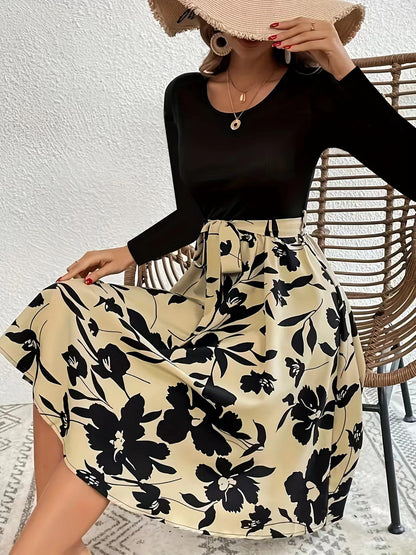 Dames Robe midi élégante avec imprimé floral et haut smocké Chic und Stil