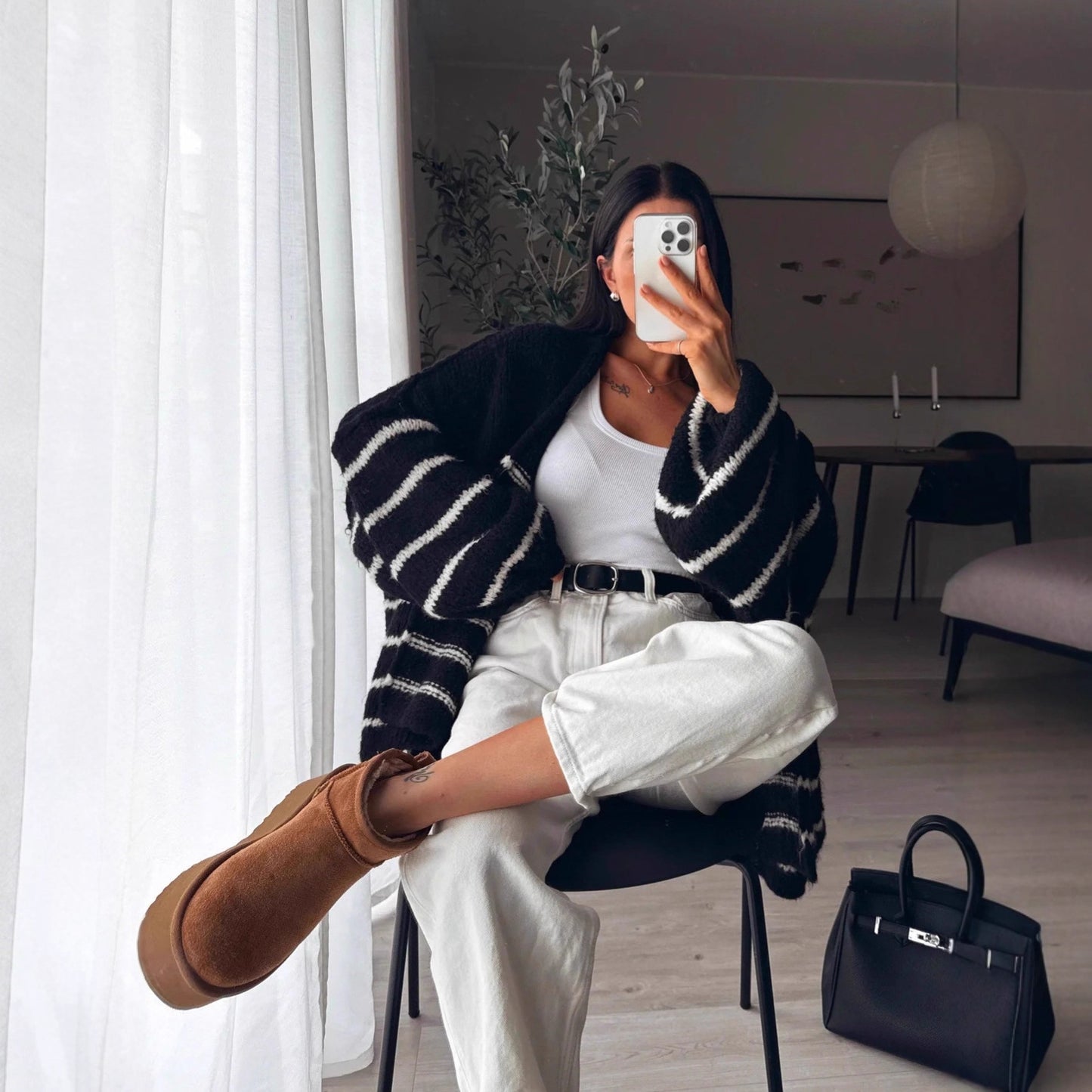 Dames pull long oversized avec design rayé et manches volumineuses Chic und Stil