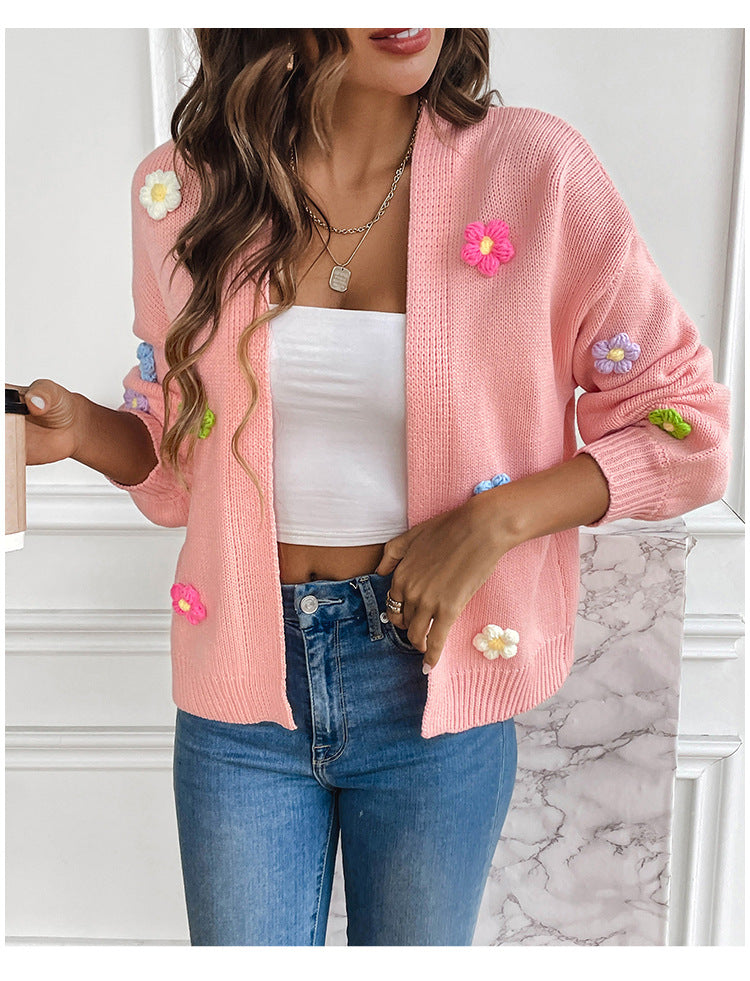Dames cardigan en tricot décontracté avec appliqués de fleurs colorées Chic und Stil