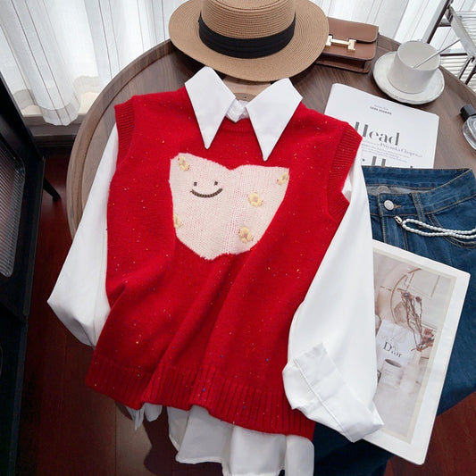 Dames gans mignonne gilet en tricot avec motif en cœur et sans manches Chic und Stil