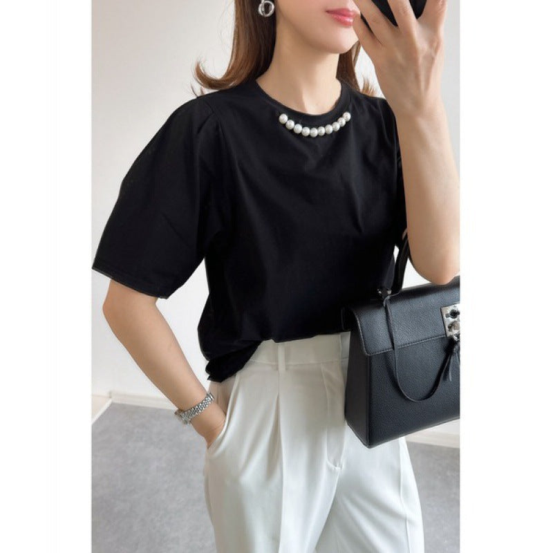 Dames Élégant haut à manches courtes avec accents de perles Chic und Stil