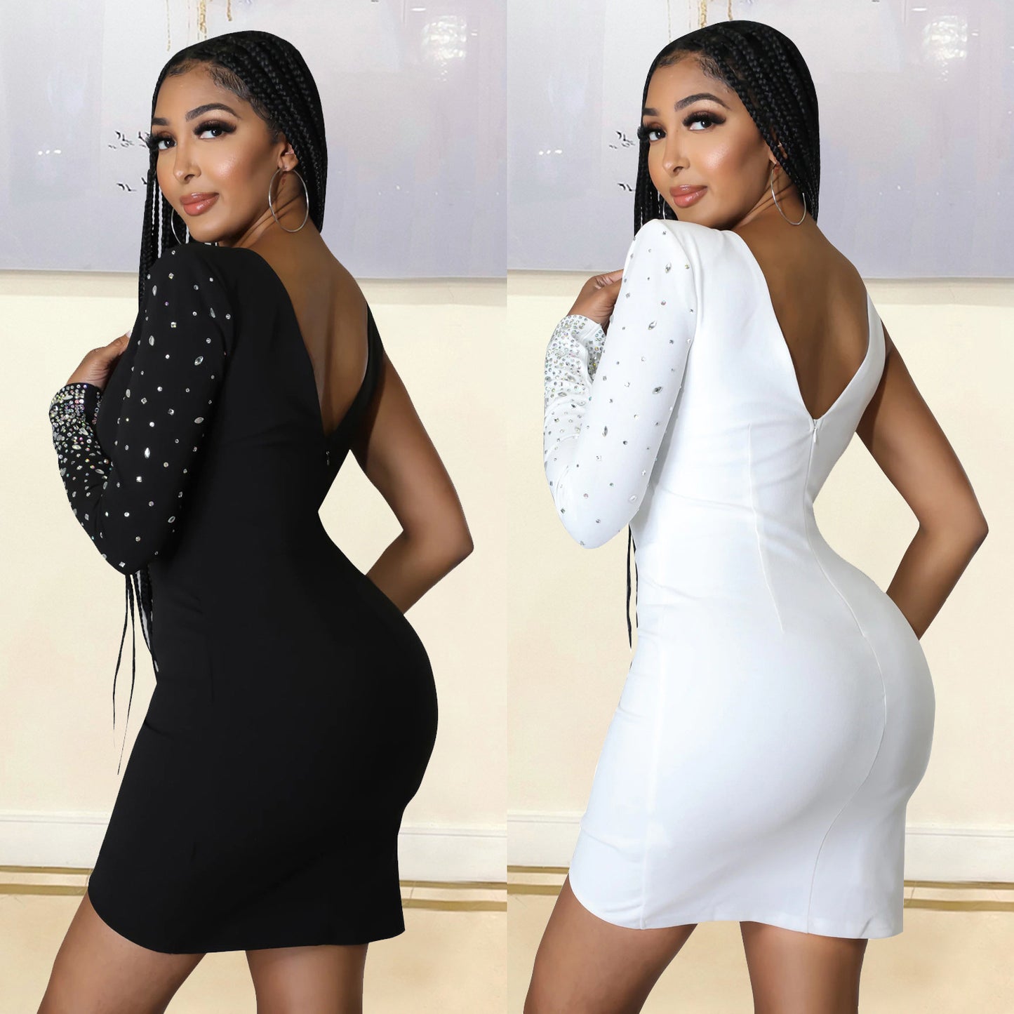 Dames Élégant Mini Robe Découpé avec Détails en Strass Chic und Stil