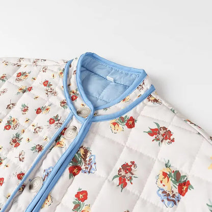 Dames Blommestikte Gewatteerde Jas met Praktische Zak en Moderne Snit Chic und Stil