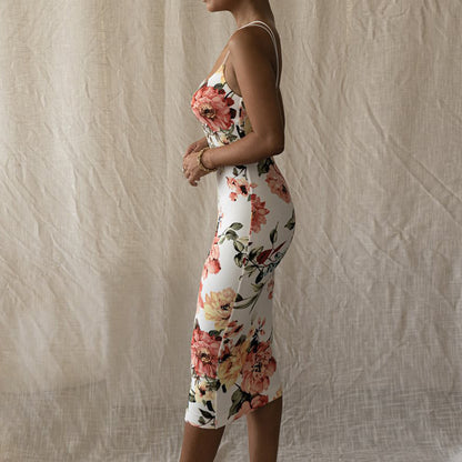 Women's Floral Print Bodycon Dress with Asymmetrical Straps Design Chic und Stil