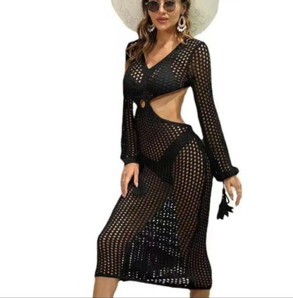 Robe maxi en crochet pour femmes avec des détails découpés et une ceinture décorative Chic und Stil