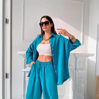 Dames Haut de gamme deux pièces en tissu mélangé léger avec blouse ample et pantalon confortable Chic und Stil