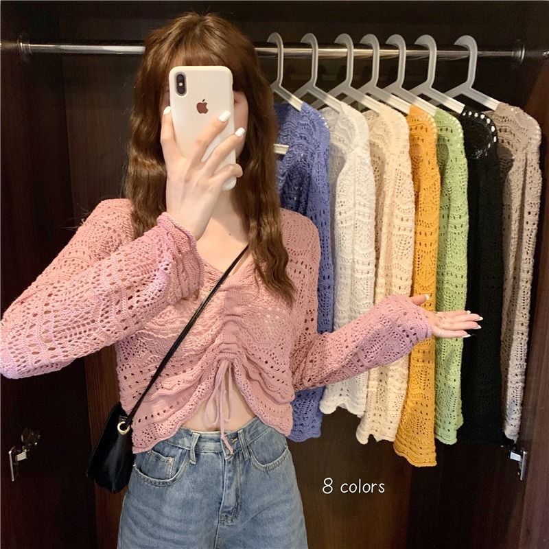 Pull en crochet aéré pour femmes avec cordon de serrage et coupe large Chic und Stil