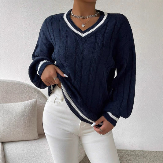 Pull en tricot pour femmes avec un décolleté en V tendance et un élégant motif en torsades Chic und Stil