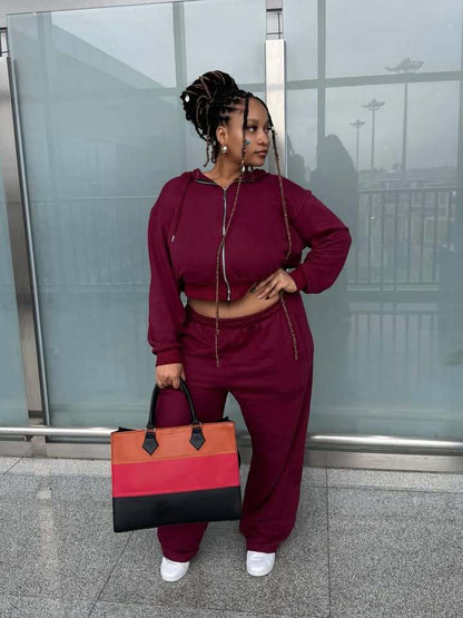 Women leisure jogging set with wide pants and cropped hoodie Chic and Style