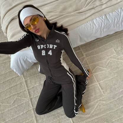 Dames Ensemble de loisirs sportif avec fermeture éclair stylée et larges rayures Chic und Stil