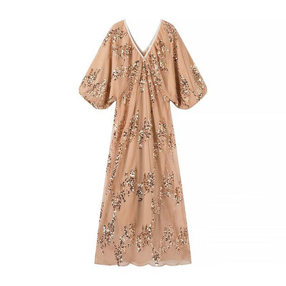 Robe maxi pour femmes avec de volumineuses manches bouffantes et un design en strass floral Chic und Stil