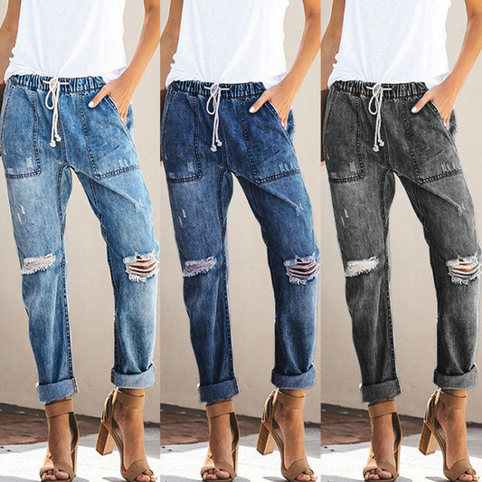 Women's Ripped Jeans with Elastic Waist and Relaxed Fit Chic and Style