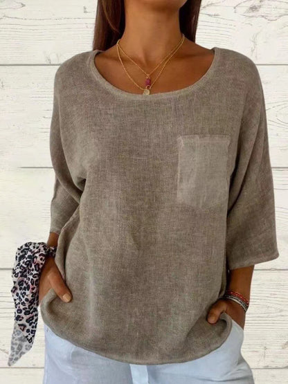 Dames haut en lin décontracté avec coupe ample et poche poitrine Chic und Stil