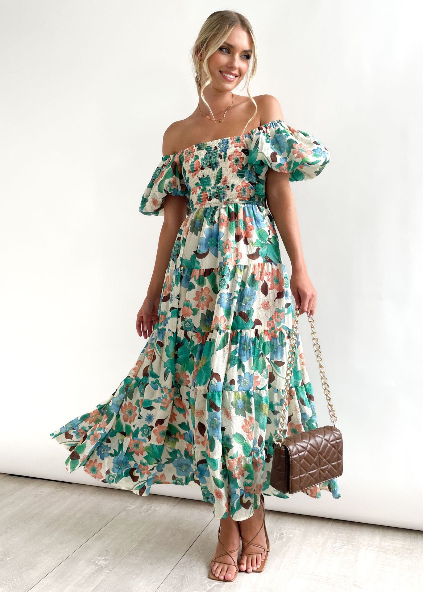 Dames Floral Puff Manche Midi Robe Chic und Stil