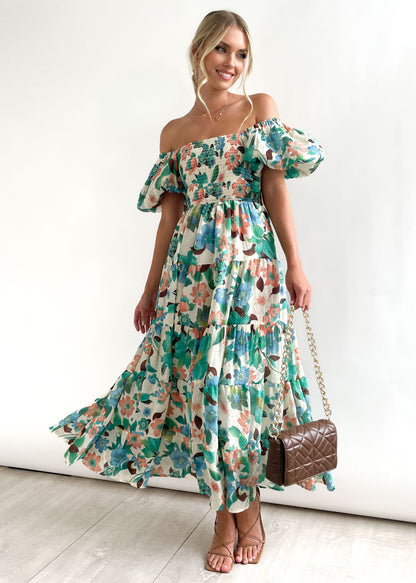 Dames Floral Puff Manche Midi Robe Chic und Stil