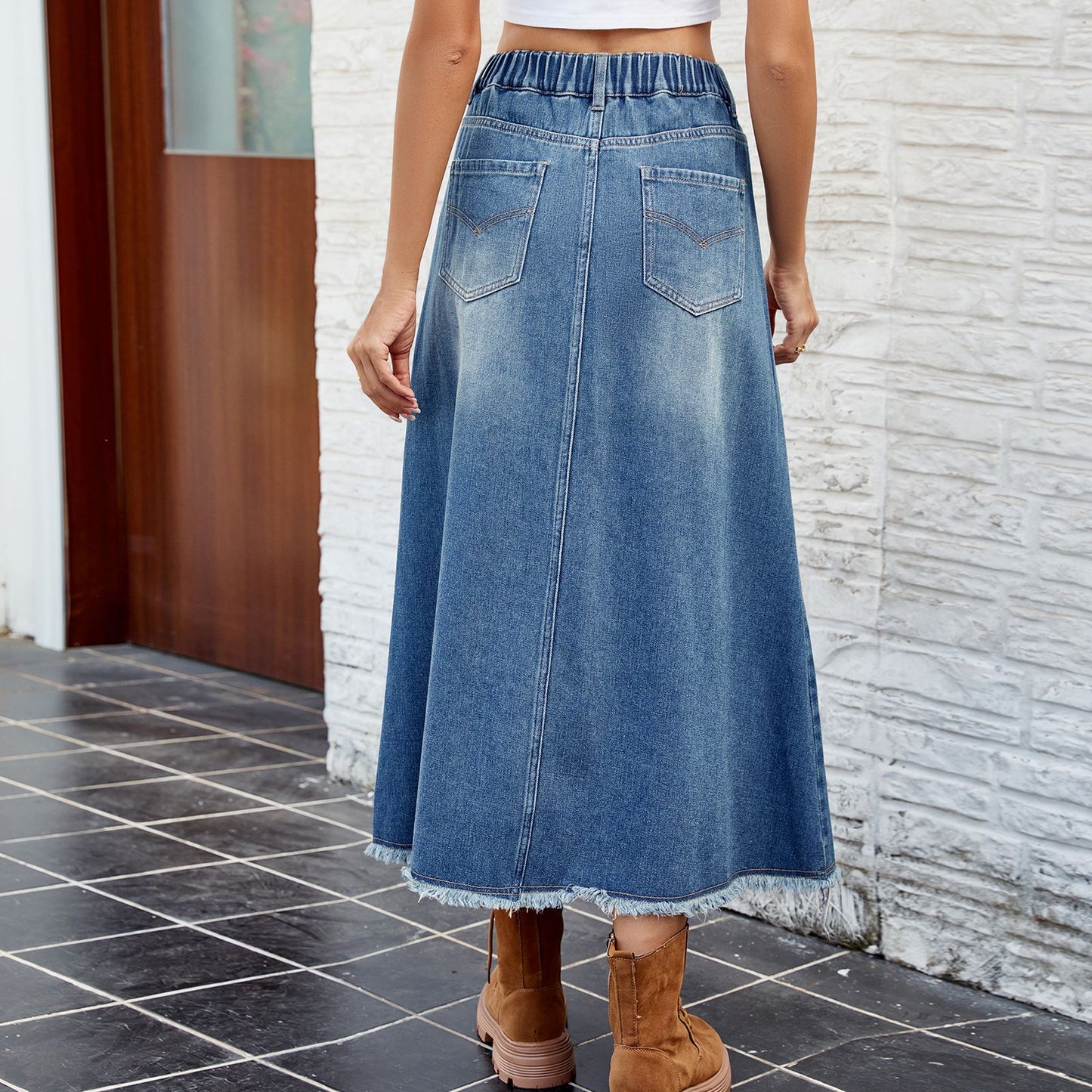 Jupe maxi en denim pour femmes avec taille élastique et poches pratiques Chic und Stil