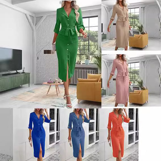 Femmes Robe Midi Élégante avec Ceinture et Détail de Bouton Chic und Stil