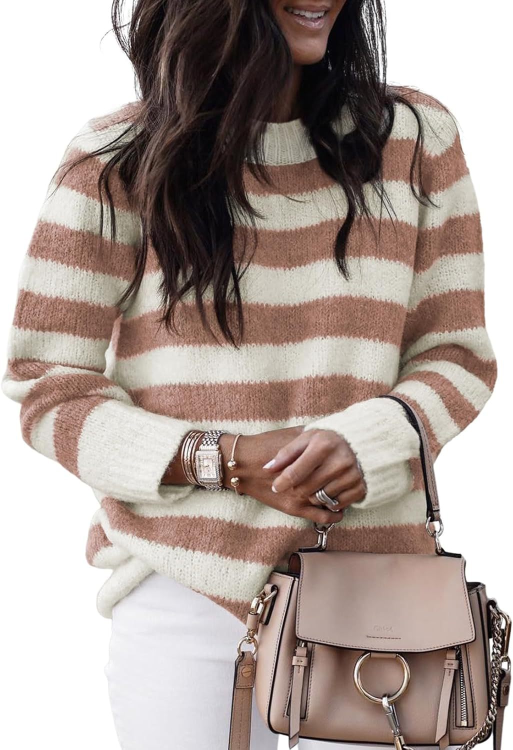 Pull en tricot décontracté pour femmes avec de larges rayures transversales Chic und Stil