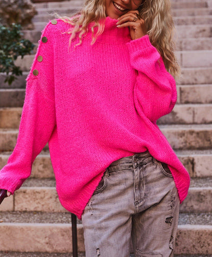 Pull en grosse maille pour femmes avec col haut et détails de boutons à la mode Chic und Stil