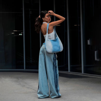 Ladies Wide Denim Pants with Contrasting Inserts Chic and Style