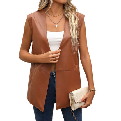 Dames Gilets Long-Style à la mode en similicuir Chic und Stil