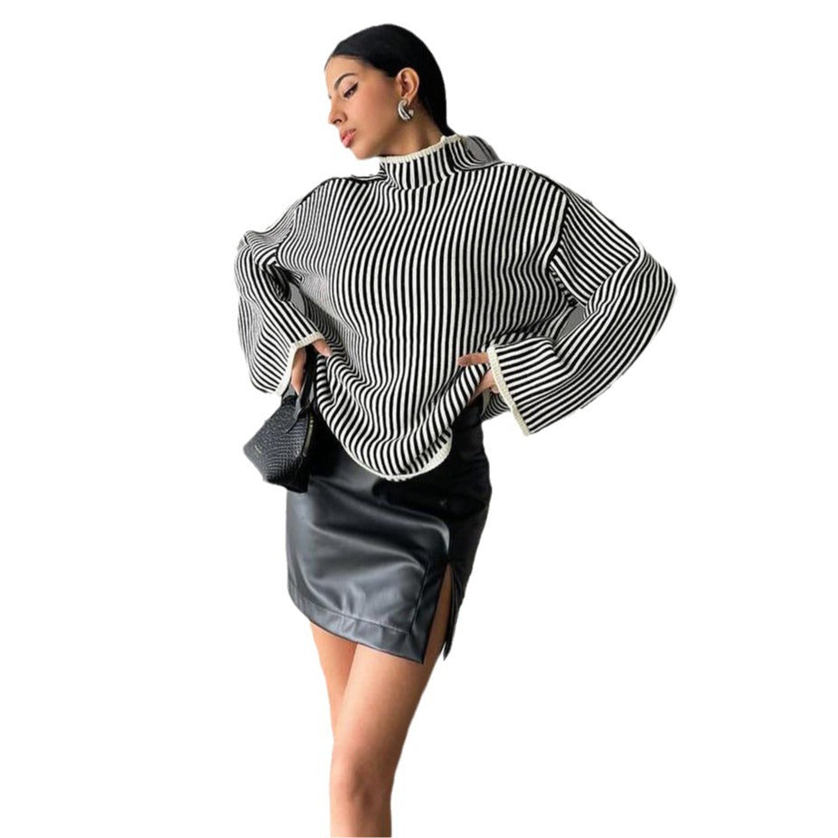 Pull en tricot pour dames avec un col montant décontracté et des rayures élégantes Chic und Stil
