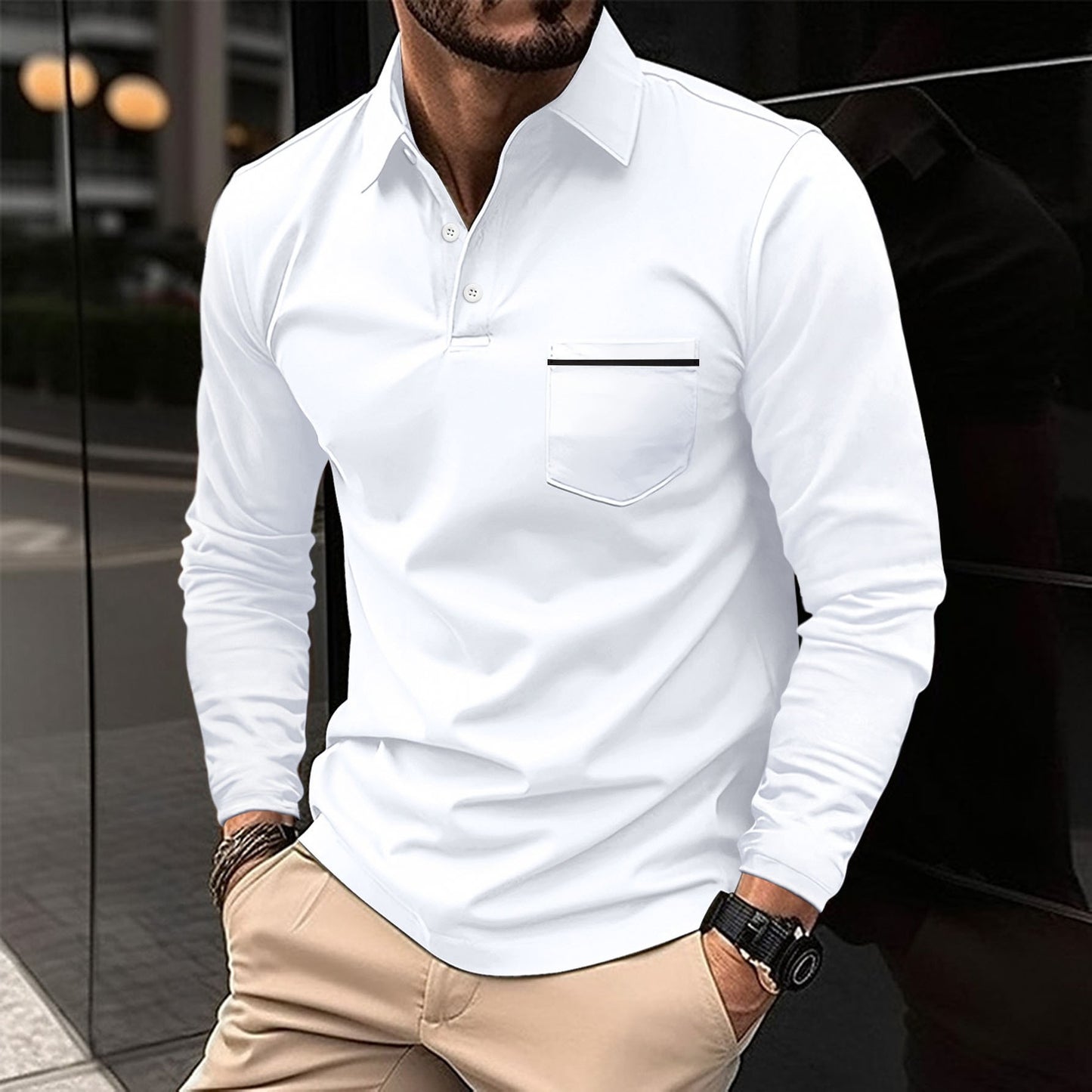 Men's Long Sleeve Polo with Trendy Stand-Up Collar and Practical Chest Pocket Chic and Style