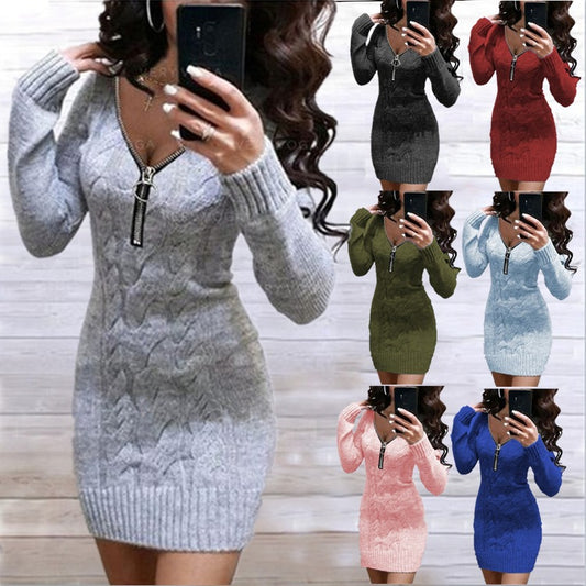 Robe en tricot pour femmes avec une fermeture éclair avant riche en détails et un motif losange élégant Chic und Stil