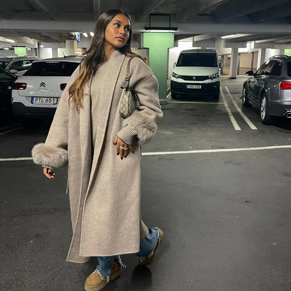 Dames Élégante Manteau Long avec Manches En Fourrure Amovibles Chic und Stil