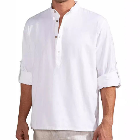 Chemise en lin pour hommes avec col montant et détails de boutons pratiques Chic und Stil