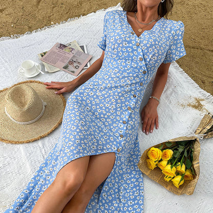 Robe maxi à boutons florale pour femmes avec haut fente Chic und Stil