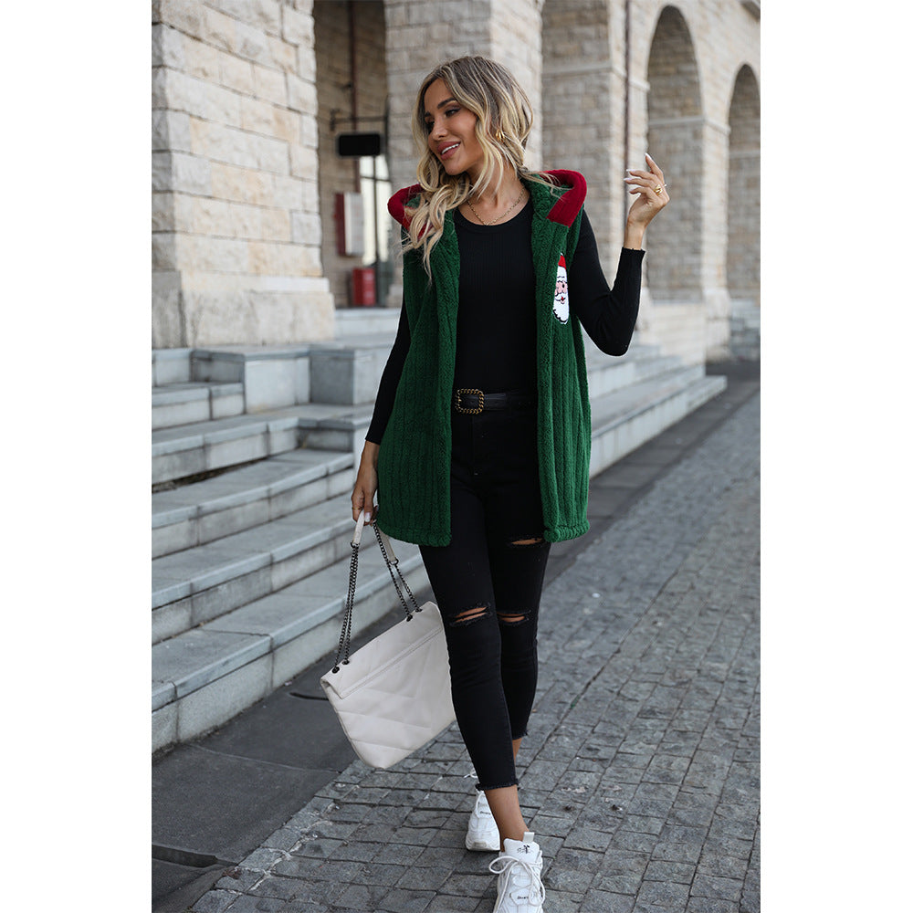 Dames Douillette Gilet en Fleece avec Capuche et Broderie Festive Chic und Stil