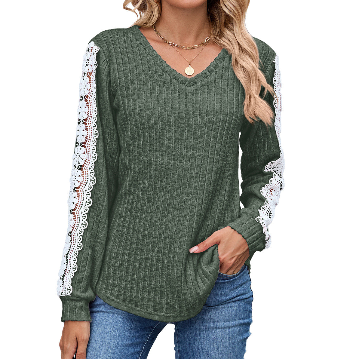 Dames Pull V-Ajusté à Col en V avec Détails en Dentelle Chic und Stil