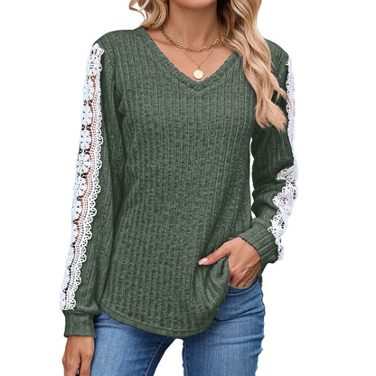 Dames Pull V-Ajusté à Col en V avec Détails en Dentelle Chic und Stil