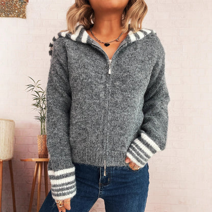 Dames pull-over en tricot cozy avec une fermeture éclair élégante et des rayures à la mode Chic und Stil