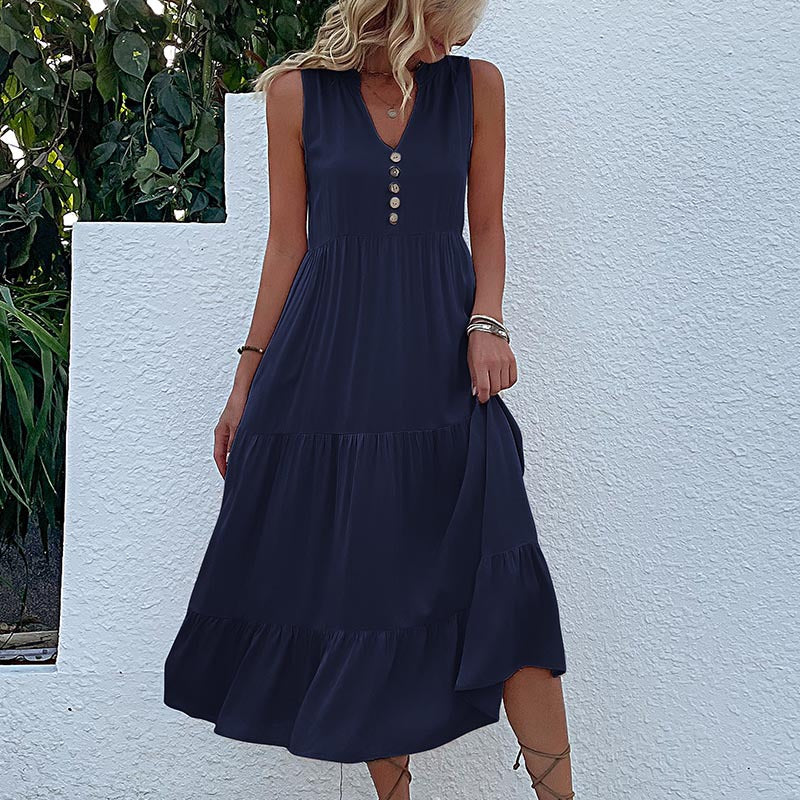 Robe maxi sans manches à volants pour femmes avec détail bouton Chic und Stil
