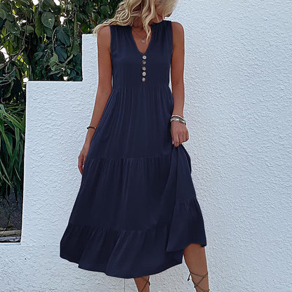 Robe maxi sans manches à volants pour femmes avec détail bouton Chic und Stil
