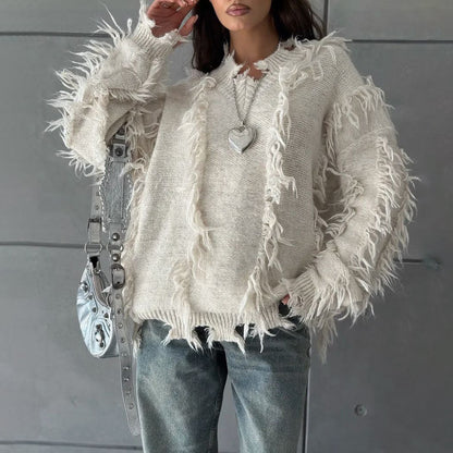 Pull en tricot pour femmes avec design frangé décontracté Chic und Stil