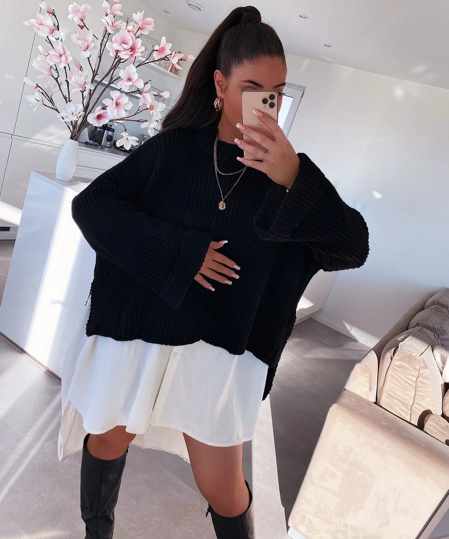 Pull en tricot surdimensionné pour femmes avec design à trous texturé et coupe décontractée Chic und Stil